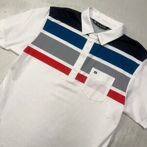 Travis Mathew Polo Shirt Mens L White Navy Teal Striped Chest Pocket Golf Top